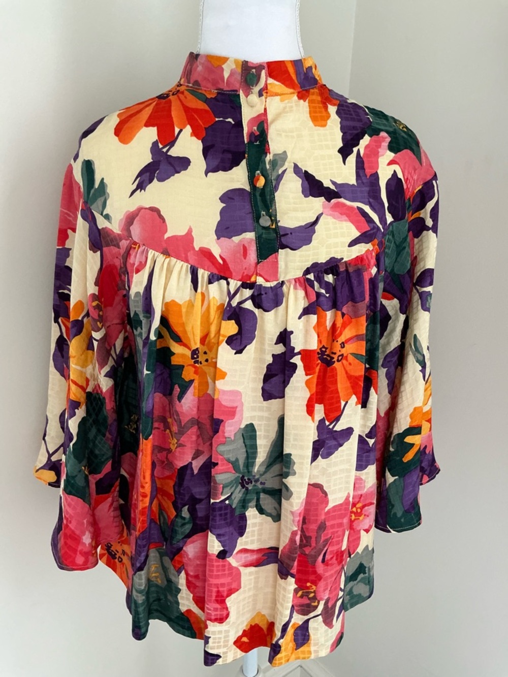 Warm- Floral Button-Yoke Tunic in Cream, Pink, Purple & Orange